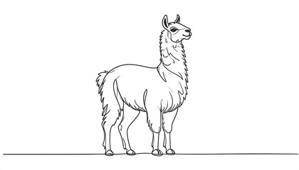 Fototapeta premium Black and white illustration of a llama standing on a ground line