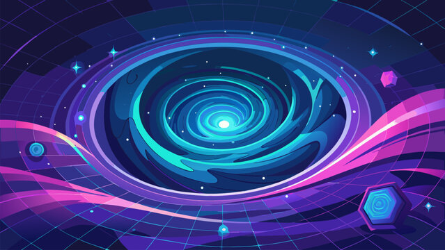 Abstract Galaxy Swirl with Neon Wormhole Effect Traversing Time and Space on a Gridded Landscape for a Cosmic Voyage Illustration.
