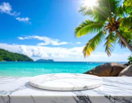 Marble tabletop with ocean, palm tree, and blue sky background