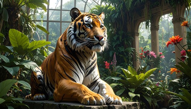 A majestic tiger rests, surrounded by lush green foliage and vibrant flowers in a sunlit, ornate garden