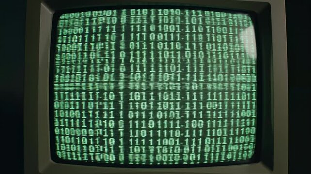 An old computer monitor displays a screen filled with a matrix of green binary code, representing data processing and digital information.