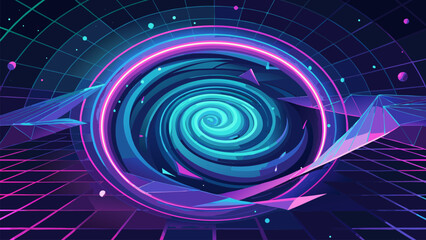 Whirlpool Portal Illustration with Neon Light and Futuristic Gridded Landscape for Time Travel and Dimensional Gateway Concepts.