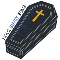Dark Blue Coffin With Golden Cross And Home Sweet Tomb Text On A Transparent Background