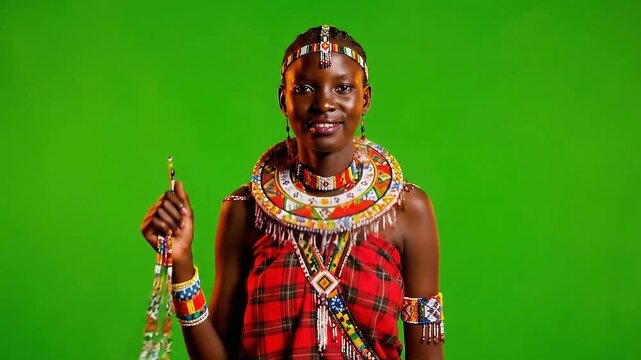Elegant African Woman in Traditional Maasai Clothing Posing on Isolated Green Screen Background with Ornamented Jewelries and