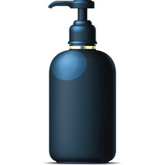 Dark Blue Dispenser Bottle with Gold Accent Ring and Silver Pump Mechanism Isolated on White...