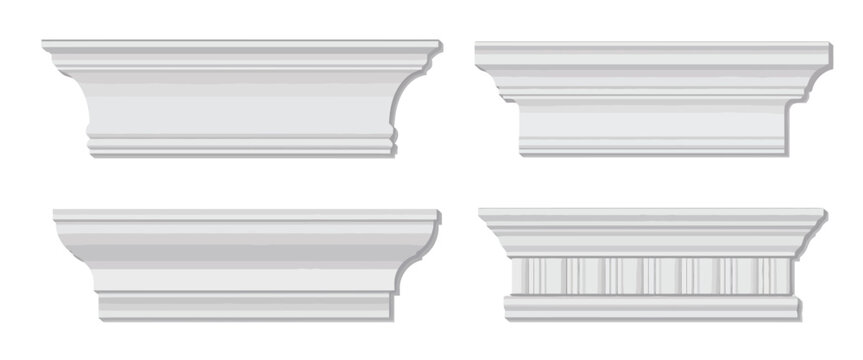 White Plaster Cornice and Skirting Molding Vector Set &ndash; Elegant interior trims, wall ledges, and ceiling border designs for realistic home decor and architectural rendering.