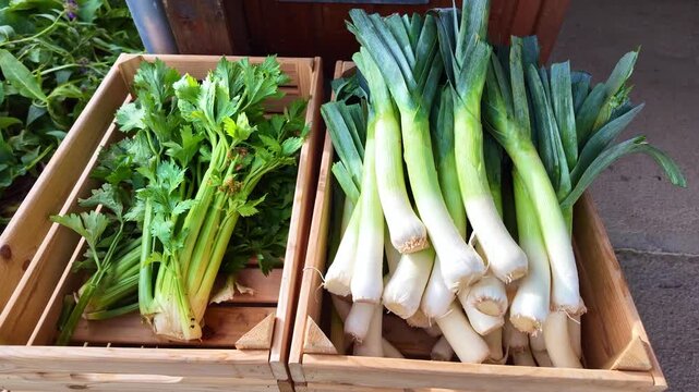 Close-up view of fresh green leeks and celery displayed in wooden boxes at farmers market.