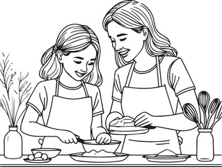 Smiling mother and daughter working side by side in kitchen