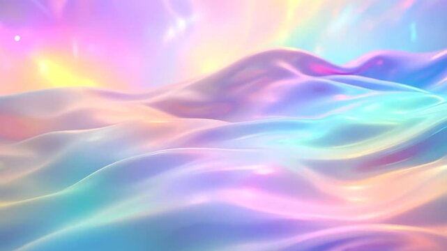 Abstract flowing iridescent waves with soft pastel colors and a white dot of light in the corner