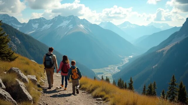A captivating family mountain trip represented via breathtaking views and active exploration; families enjoying natures majesty, designed to include adequate copy space for visuals.