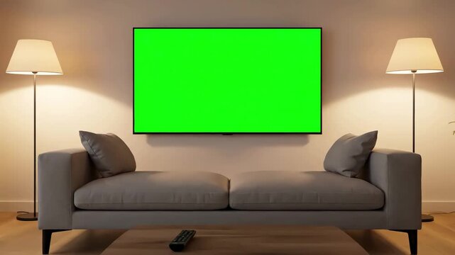 Green Screen Television with man watching in living room evening young guy sitting on sofa against tv chroma back view male person switching channels using remote controller distortion, overlay