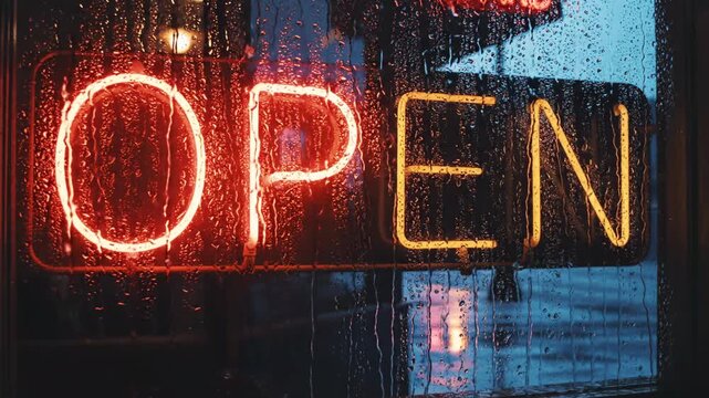 A neon &ldquo;OPEN&rdquo; sign glows through rain-streaked window; warmth against cool blues
