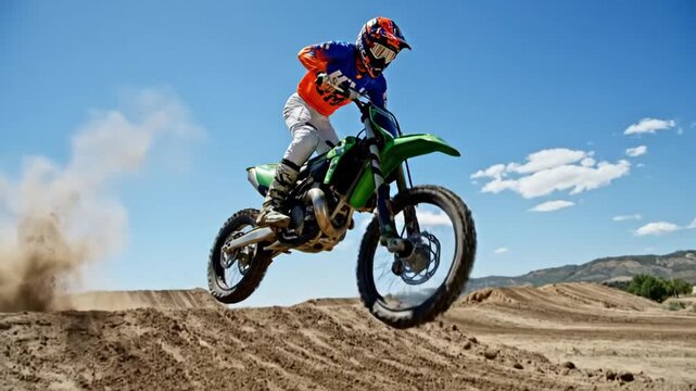 Motocross rider performing a jump on a green motorcycle against a vibrant blue sky during daytime