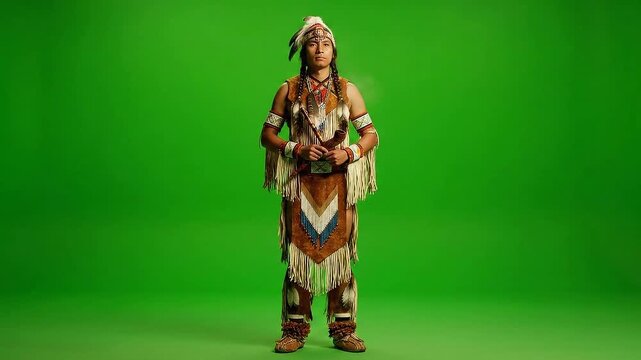 Isolated Green Screen Background Native American Performer in Traditional Costume Standing Still During Performance in Cultural