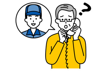配達員に電話で相談する年配の男性