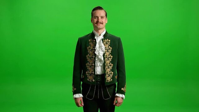 Man in Green Charro Outfit Posing with Moustache Against Isolated Green Screen Background Smiling Proudly in Studio Medium Shot