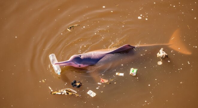Amazon pink river dolphin boto holding plastic bottle while swimming among floating trash in polluted brown Amazon River water