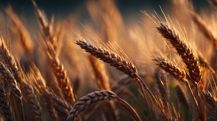 Golden Wheat Field Sunset with Ripe Grain Stalks in Warm Lighting