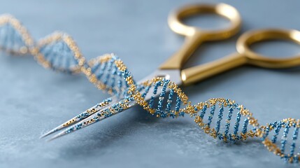 Genetic engineering theme, simply showing the process of CRISPR-Cas9 protein cutting DNA strands, DNA strands in blue, Cas9 protein in gold, with text labels