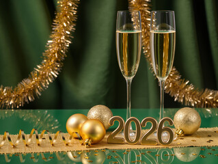 Celebrating new year 2026 with champagne flutes and golden decorations