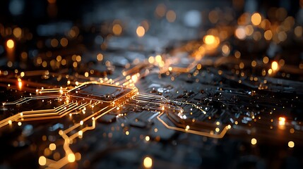 Close Up of Computer Chip with Glowing Circuit Board Details