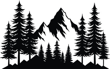 Obraz premium Pine Trees and Mountains Silhouette Landscape Vector, Mountain Range with Pine Trees Silhouette Vector Illustration.