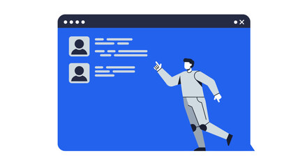 Illustration of a Man Interacting with Online Profiles.