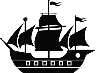 Pirate Ship Skull Flag Icon Vector, Silhouette of a pirate ship with sails and a skull and crossbones on the hull sailing vector illustration.