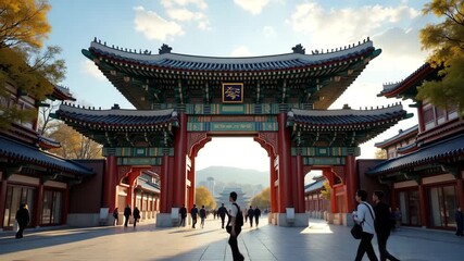 Sungnyemun Gate, also known as Namdaemun Market, showcased in rich detail, framed with leading lines, while ensuring ample copy space for text overlays. - Powered by Adobe