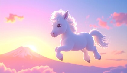 Fototapeta premium 富士山と日の出を背景に雲海を走るかわいい白馬の3Dイラスト 午年の年賀状素材