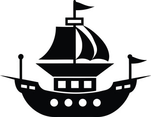 Pirate Ship Skull Flag Icon Vector, Silhouette of a pirate ship with sails and a skull and crossbones on the hull sailing vector illustration.