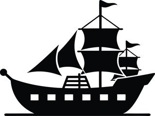 Pirate Ship Skull Flag Icon Vector, Silhouette of a pirate ship with sails and a skull and crossbones on the hull sailing vector illustration.