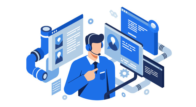 Isometric Illustration of Customer Service Representative with Headset. - Powered by Adobe