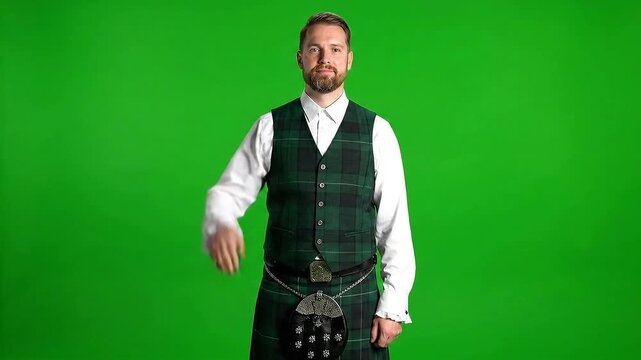 Man in Traditional Scottish Kilt on Isolated Green Screen Background Raising Hand and Smiling in Studio Setting for Chroma Key