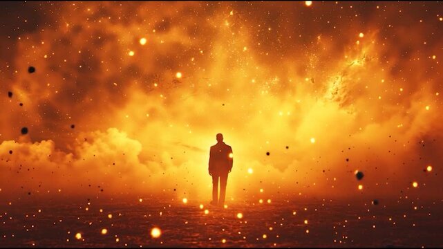 A silhouette walking towards an fiery nebula