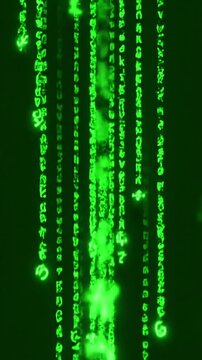 Cyber Matrix with abstract computer monitor moving symbols animation green linux terminal commands on black background conept of operating systems and technologies distortion, screen overlay, glitch