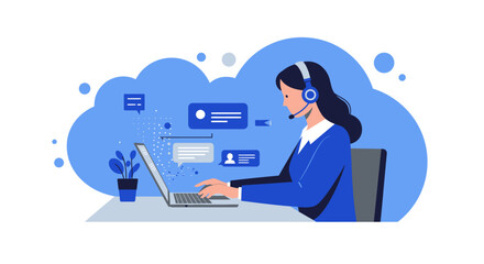 Customer Service Representative Working on Laptop with Headset.