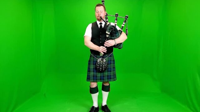 Man Playing Bagpipes in Traditional Scottish Kilt Costume Against Green Screen Background Dressed in White Shirt and Black Vest