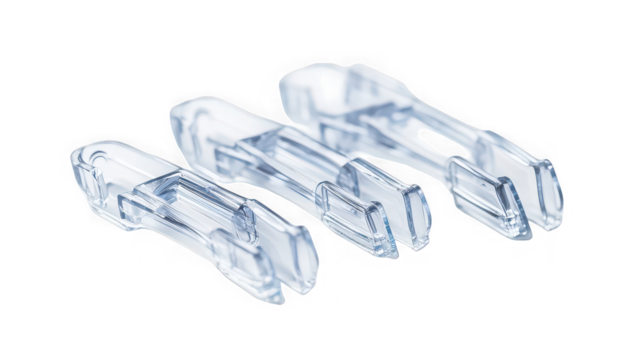 Three transparent plastic clips arranged in a row on a black background in a studio shot view