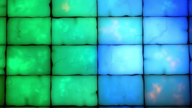 A tiled display of illuminated squares in a green to blue color gradient featuring internal light variations