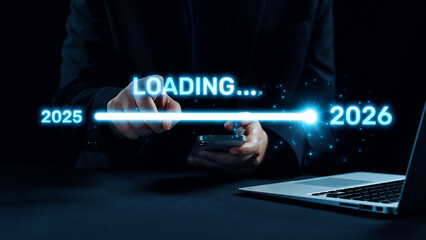 Visualizing the shift from 2025 to 2026. Progress bar symbolizing advancement, strategic foresight,...