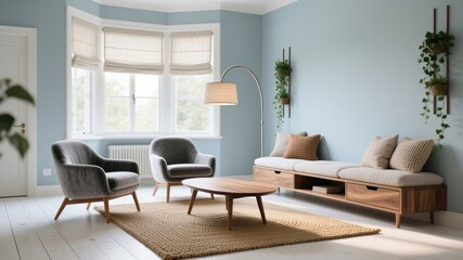 Scandinavian living room interior with blue walls, natural light, and modern wooden furniture