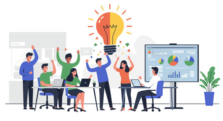 Team Celebrating Successful Idea with Lightbulb Symbol.