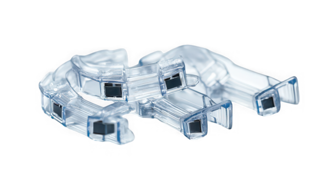 A clear plastic dental aligner with embedded black squares on a black background in a studio shot