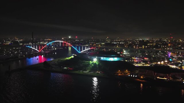 Aerial view of night light and fireworks in Milwaukee, evening in Wisconsin, USA