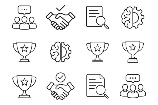 Business Cooperation Icon Set, Outline symbols for partnership, teamwork, agreement, handshake, support, alliance, and strategic collaboration.