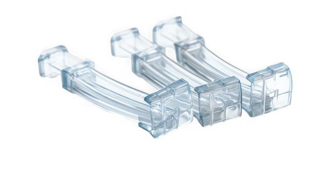 A close up of three clear plastic orthodontic bracket clips on a black background showing the details