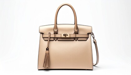 Elegant Shimmering Handbag with Top Handle in Beige on White Background