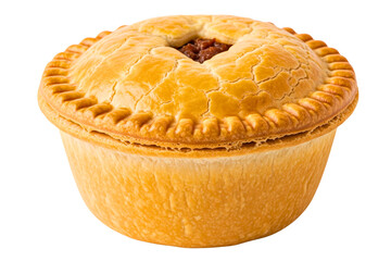 Individual savory meat pie with a golden flaky pastry crust isolated on a transparent background