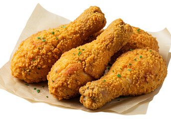 Crispy Golden Fried Chicken Drumsticks on Parchment Paper golden brown breaded isolated on a transparent background